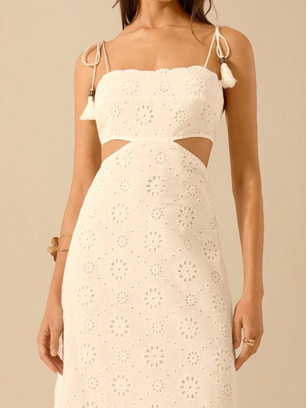 White Boho Women's Eyelet Detail Spaghetti Tie Strap Tassle Midi Dress - Picture 4 of 8